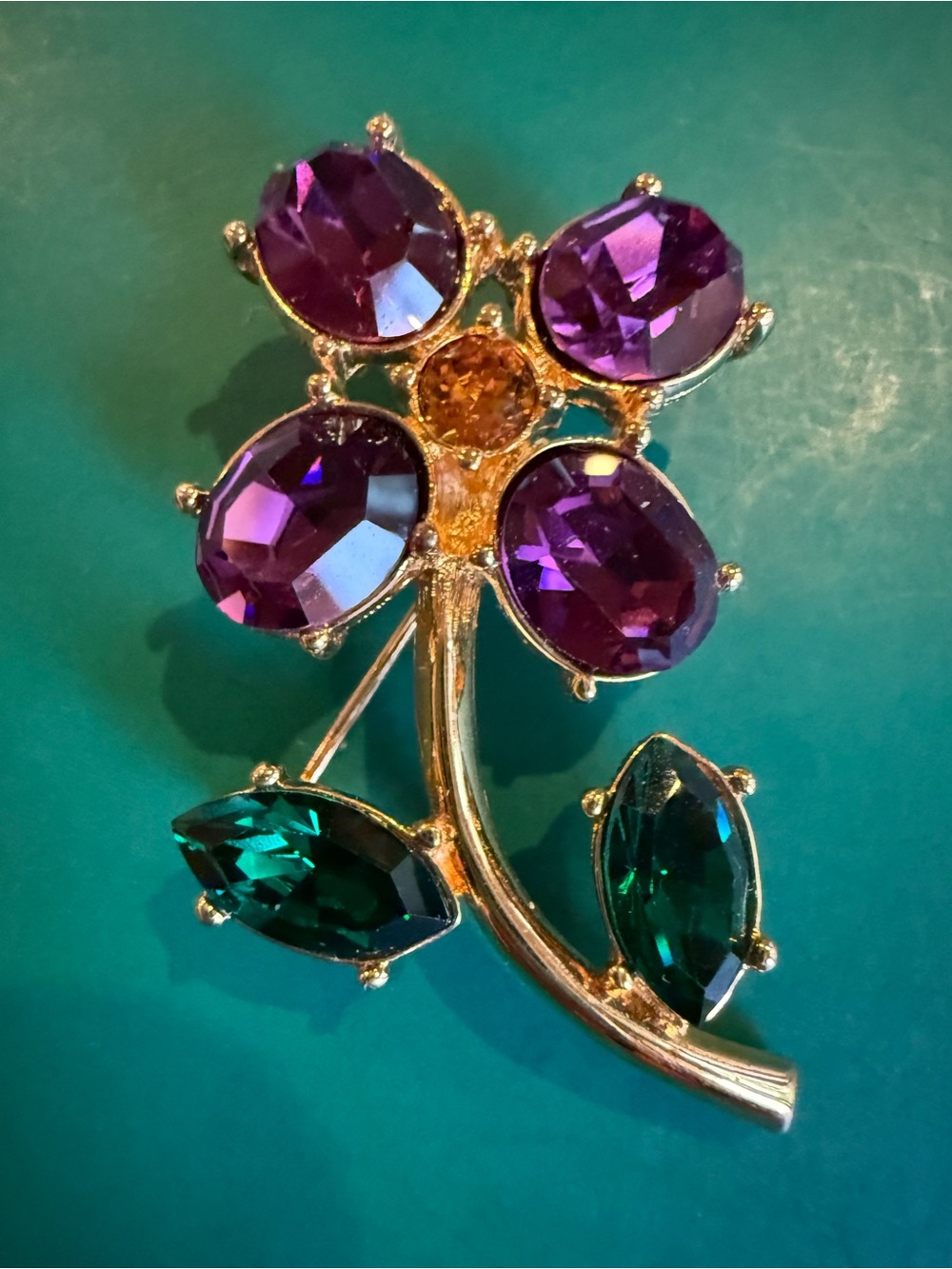 Monet Purple & Green Crystal Flower Brooch Pin Gold Tone Vintage